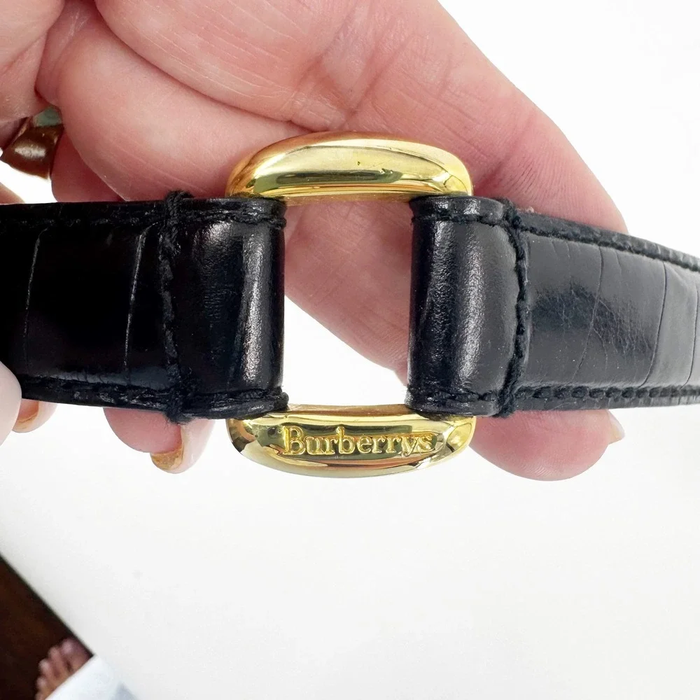 Burberrys of London Vintage Black Croc Embossed Leather Belt Gold Buckle Italy M